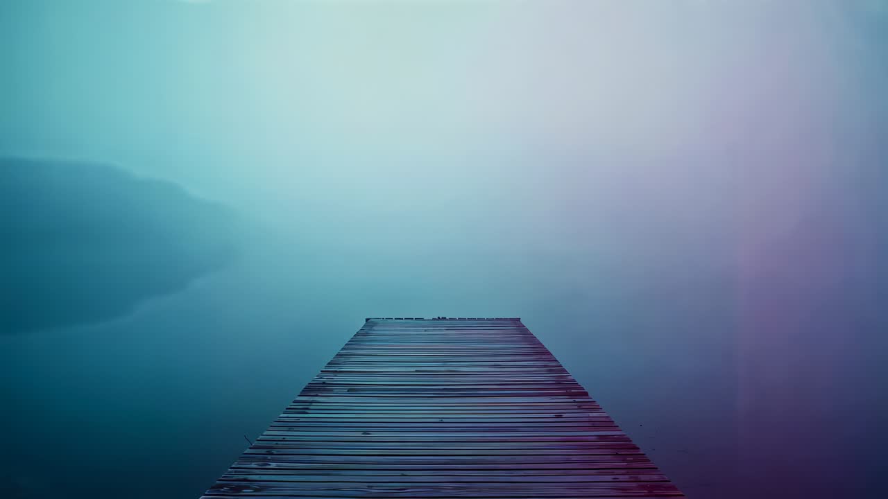 Projecting wooden pier remaining centered at lakeshore, fog thickening and toning sky cyan-purple