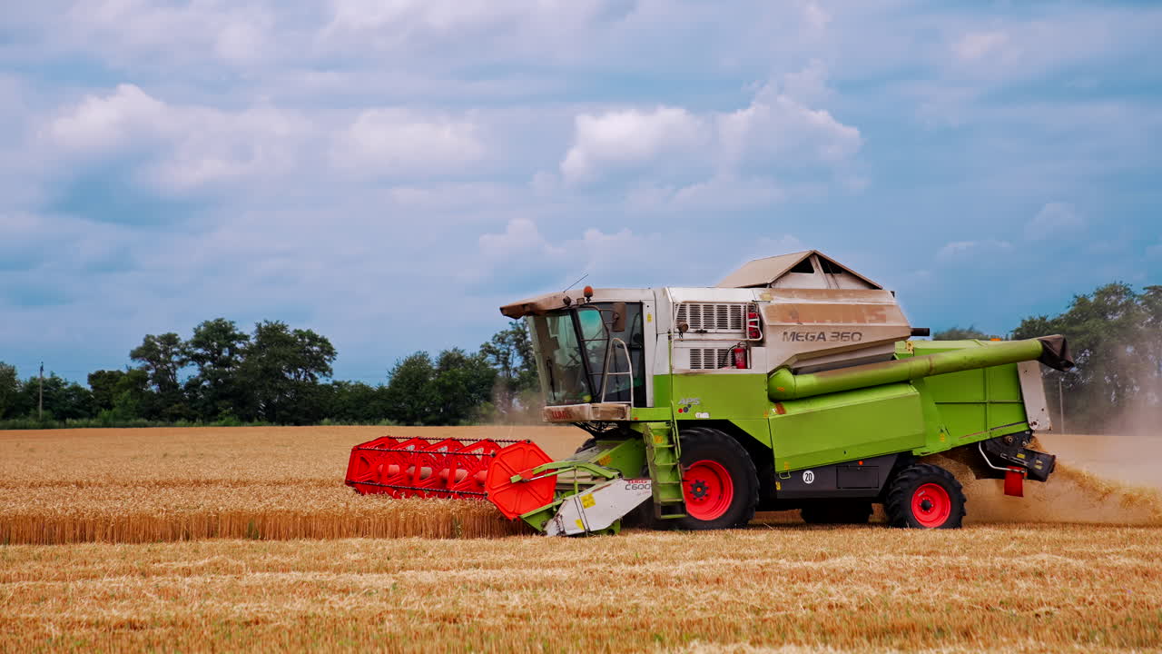 Combine harvester working on wheat field. Combine harvester agriculture machine harvesting golden ripe wheat field