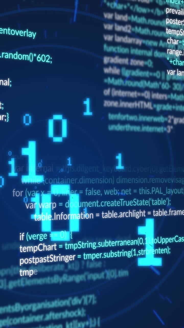 Animation of data processing and circles on black background