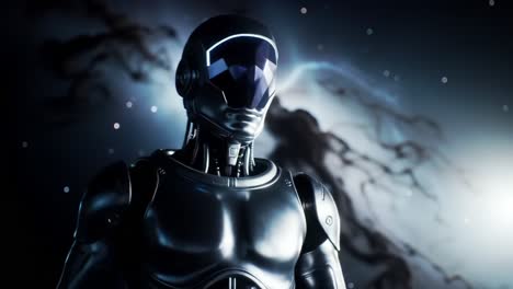 a futuristic robotic figure standing against a cosmic background, showcasing advanced technology and sleek design with surreal space elements in the atmosphere