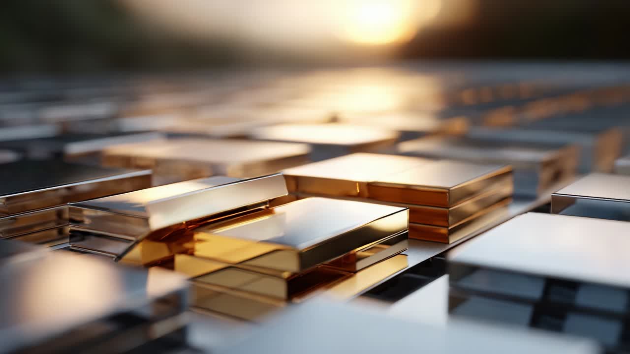 A Captivating View of Reflective Metallic Blocks at Sunset, Showcasing the Golden Hues and the Intricacies of Their Design as They Glimmer and Shine Under the Setting Sun's Rays