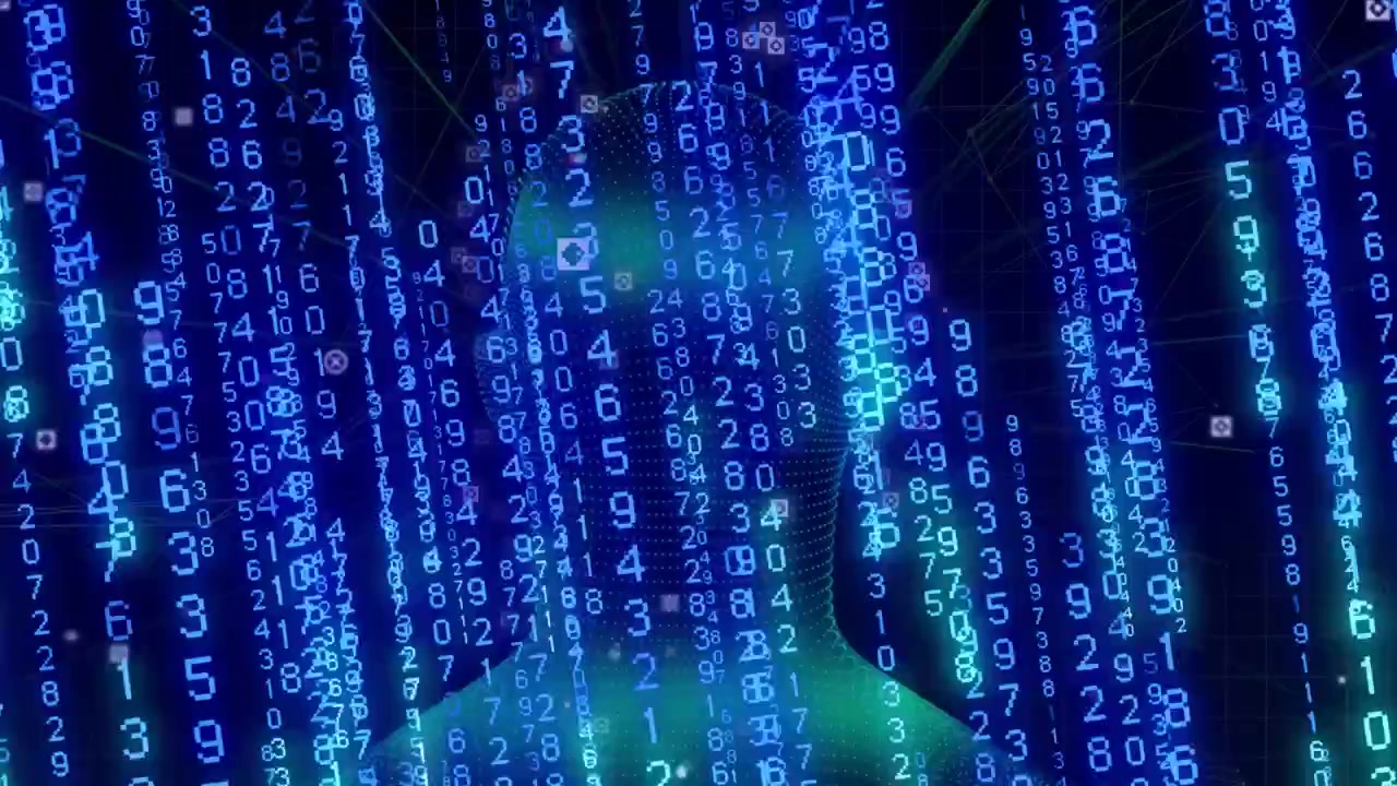 Upon data input, wireframe head rotating while blue numerals cascading, mapping facial landmarks