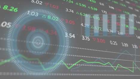 Animation-of-interface-with-round-scanner,-statistical-and-stock-market-data-processing