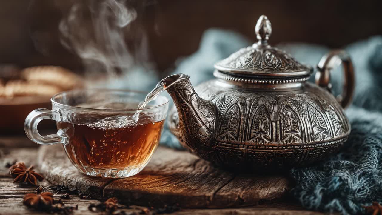 Una teiera finemente realizzata versa tè aromatico in un'elegante tazza di vetro con essenza fumante, mettendo in mostra i dettagli raffinati e l'atmosfera accogliente di calore e comfort