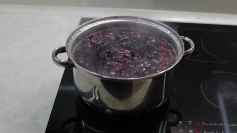 Stir-the-berries-in-pot-with-boiling-water.-Cooking-compote.-Kitchen