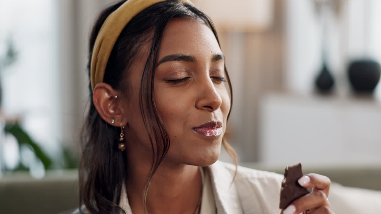 Femme sur un canapé mangeant une barre de chocolat avec un sourire