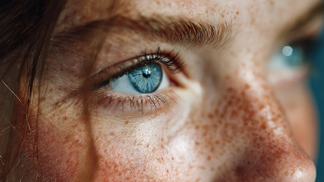 A Close-Up Exploration of a Freckled Face with Piercing Blue Eyes Capturing Emotion and Depth in Intimate Detail