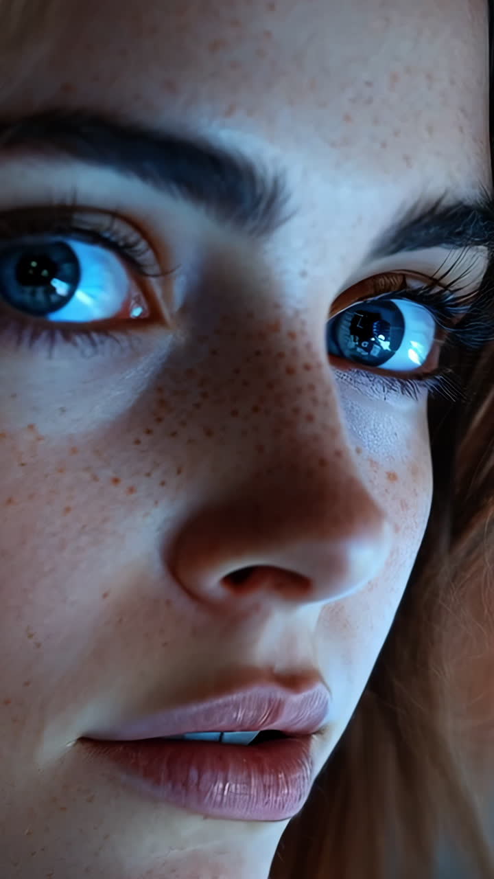 A woman with long blonde hair is staring at a computer screen. The screen is filled with a lot of numbers and letters, and the woman is focused on it. Concept of concentration and determination