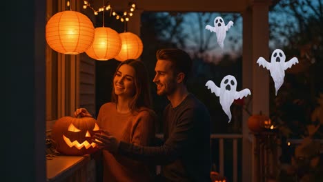 a cozy halloween evening: a couple carving a jack-o'-lantern under lantern lights with friendly ghosts merging festive spirit and togetherness