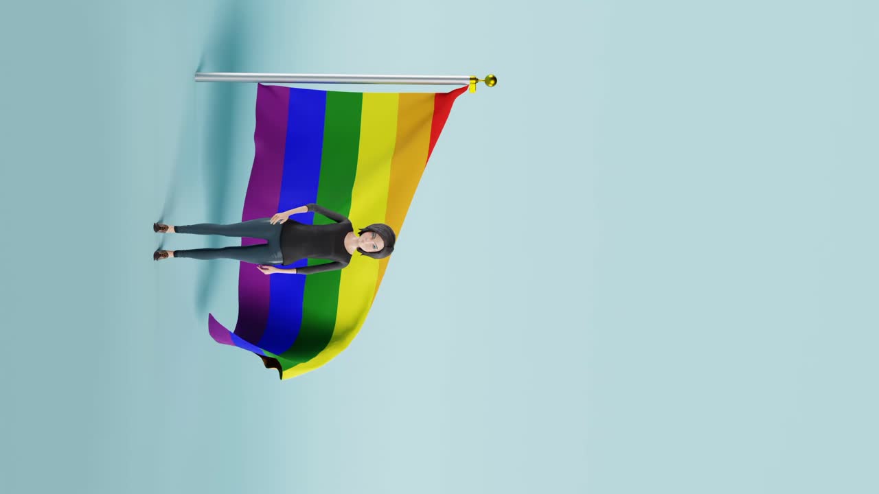 animación de una mujer de pie frente a la tradicional bandera del orgullo del arco iris mientras agita su mano video vertical con fondo azul