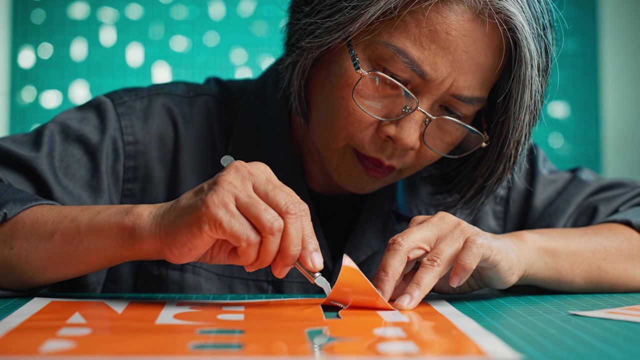 Focused Craftsmanship: An Individual Engaged in Precision Cutting for Artistic Lettering with an Emphasis on Detail and Technique in a Studio Environment