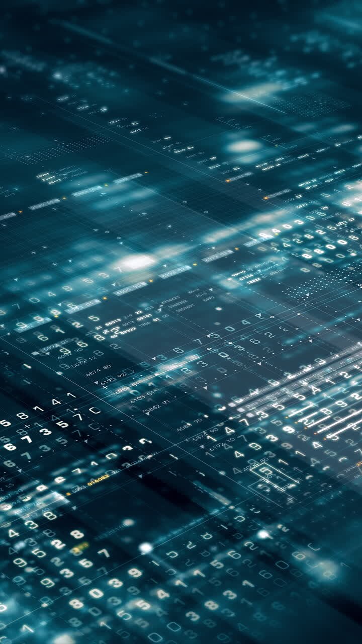 Metaverso futuristico, telemetria dati digitali hi-tech con visualizzazione di numeri crittografati, sfondo dinamico per desktop di computer, display a schermo in formato verticale