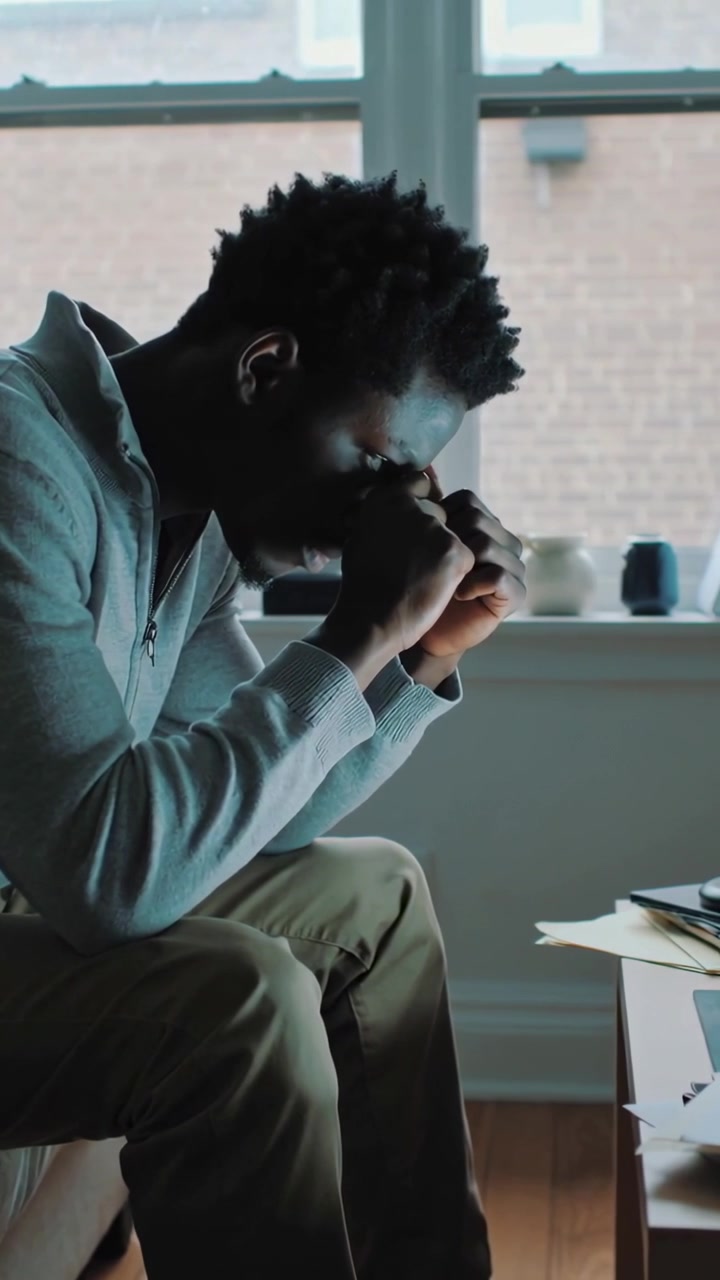 Vertical video: Leaning man in sweater, khakis on couch reading papers, clasping hands, tired