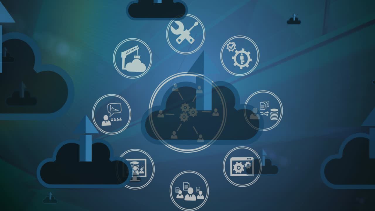 animación de nubes y flechas sobre iconos digitales que giran sobre fondo azul