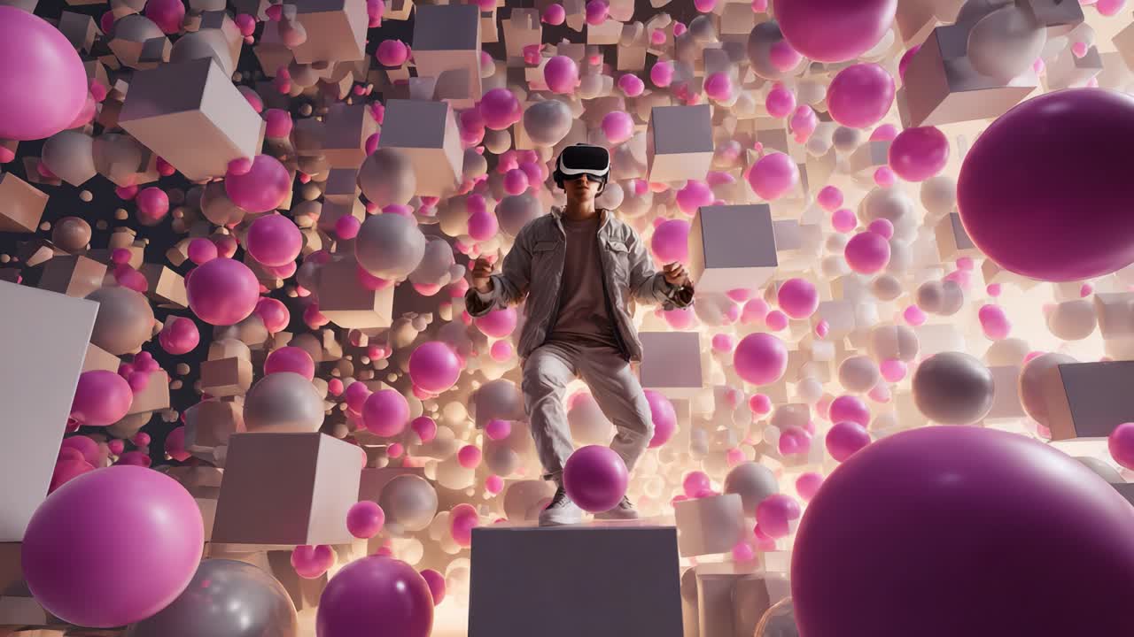 A person immersed in a vibrant virtual reality world, surrounded by floating geometric shapes and colorful spheres, showcasing the dynamic interaction between digital spaces and human experiences
