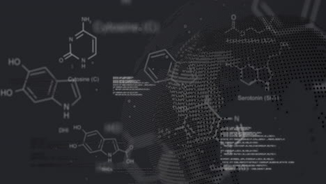 animación de estructuras moleculares, lenguaje informático sobre puntos en el globo contra un fondo abstracto.