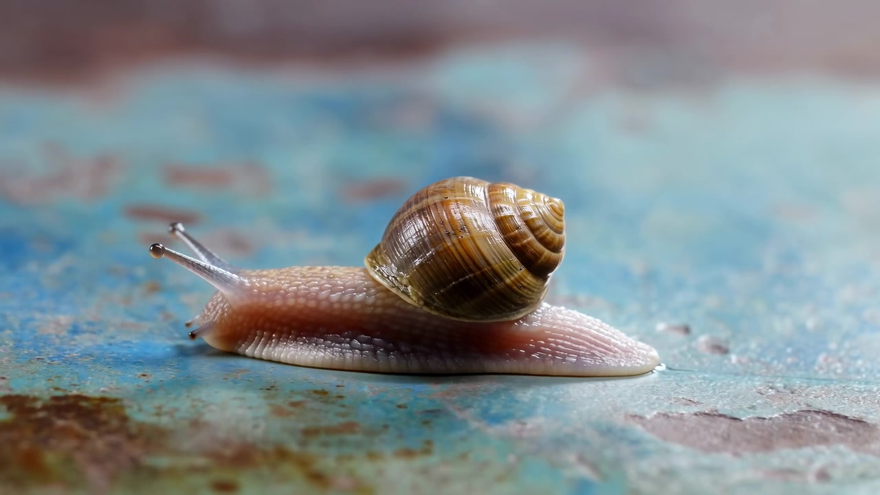 Macro scene shows land snail in side profile on chipped turquoise-painted substrate, with glossy brown spiral shell, translucent pink foot in contact with surface, and two eyestalks extended forward