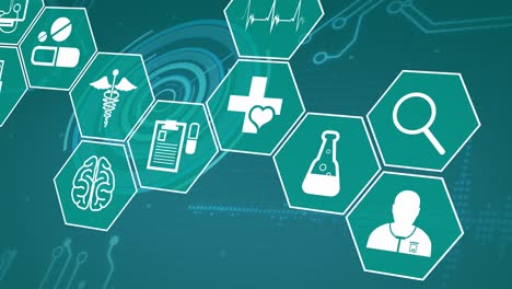 animación de iconos médicos y procesamiento de datos científicos sobre un fondo verde