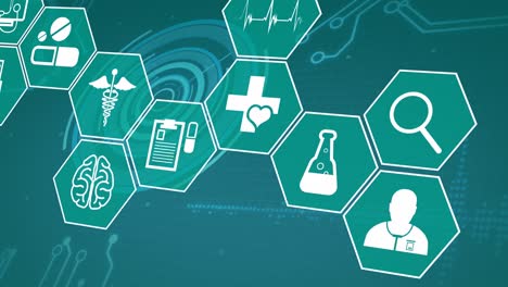 animation of medical icons and scientific data processing over green background