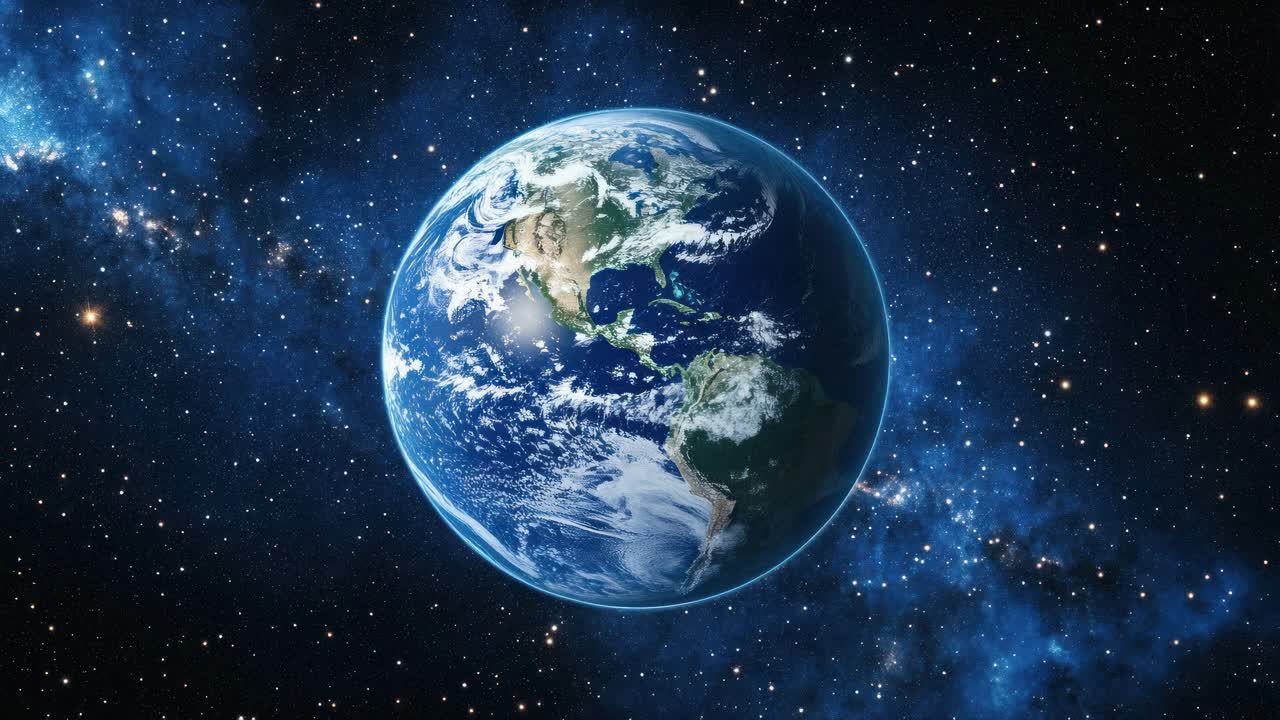 宇宙から見た地球の空撮動画。夜の照明に照らされた都市が背景に映し出されています。