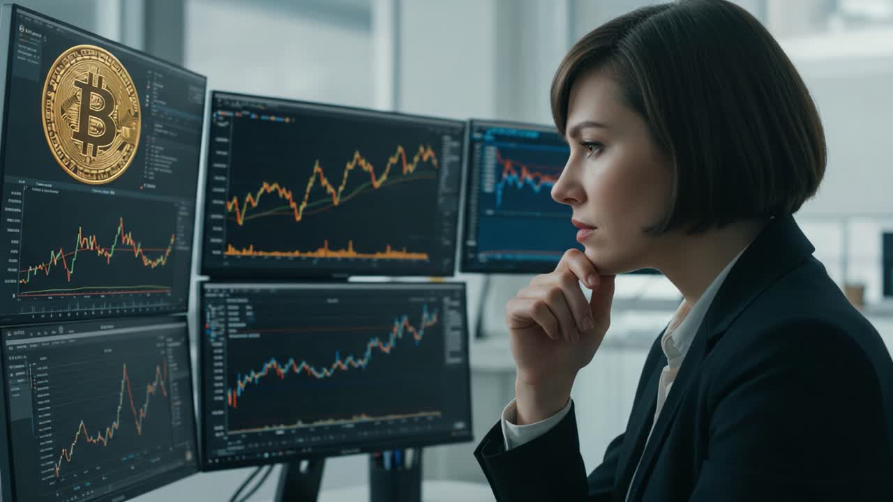 A focused professional analyzes cryptocurrency market trends through multiple screens while considering investment strategies involving Bitcoin and financial analytics
