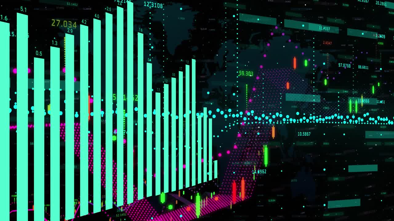 animación de gráficos azules sobre capas de gráficos que procesan datos sobre un fondo negro