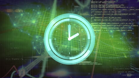 animation of neon round scanner and data processing against green background