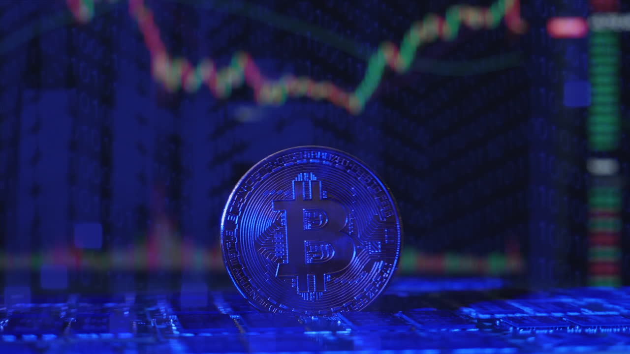 uma moeda criptográfica bitcoin btc girando em uma plataforma de mineração de chips de computador com gráficos de câmbio em segundo plano e código hexadecimal em cascata em primeiro plano