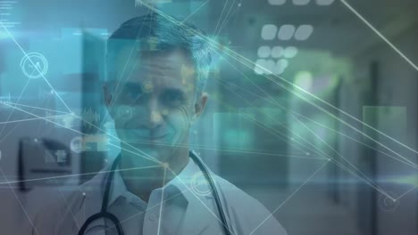 Animation-of-various-digital-patterns-over-smiling-caucasian-male-doctor-working-in-hospital