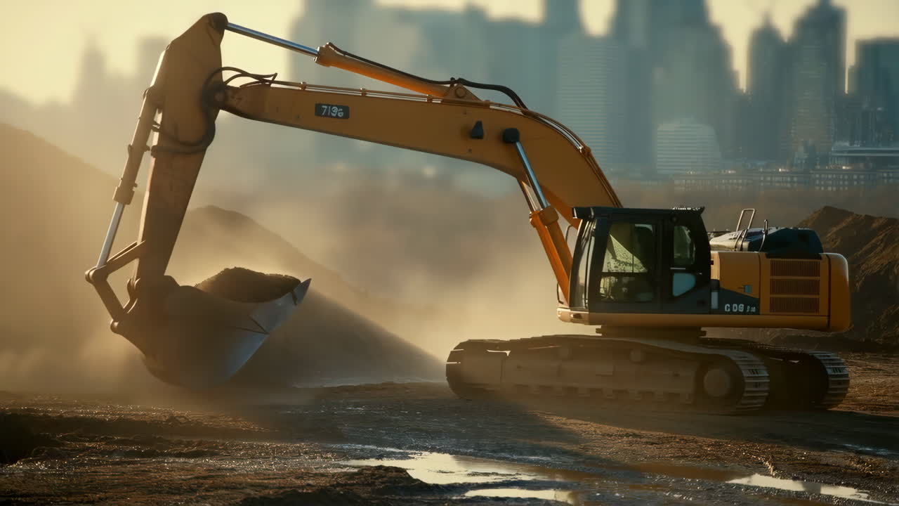 Excavator Working in a Dusty Construction Site with City Background