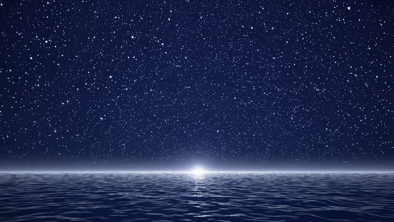 A mesmerizing video scene of a starry night sky over a calm ocean, captured from a low-angle