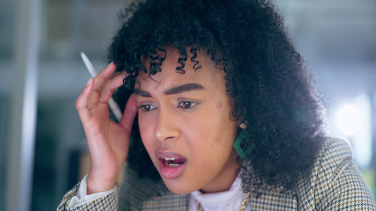 Woman, stress and confused for finance mistake