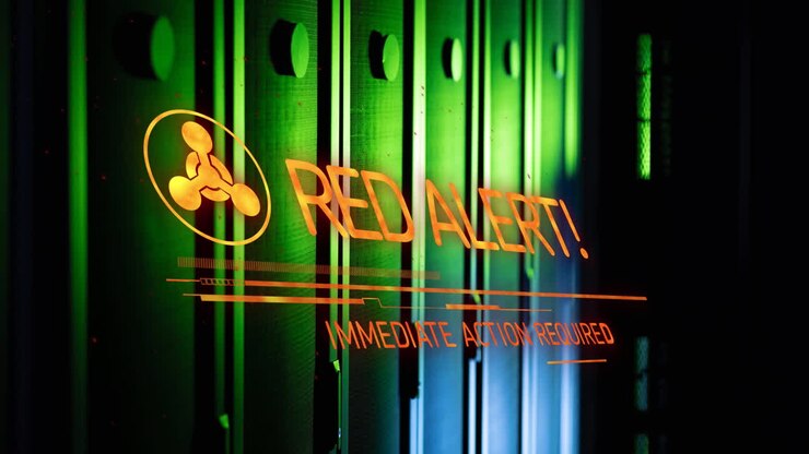 Animation of red alert text and symbol over server room