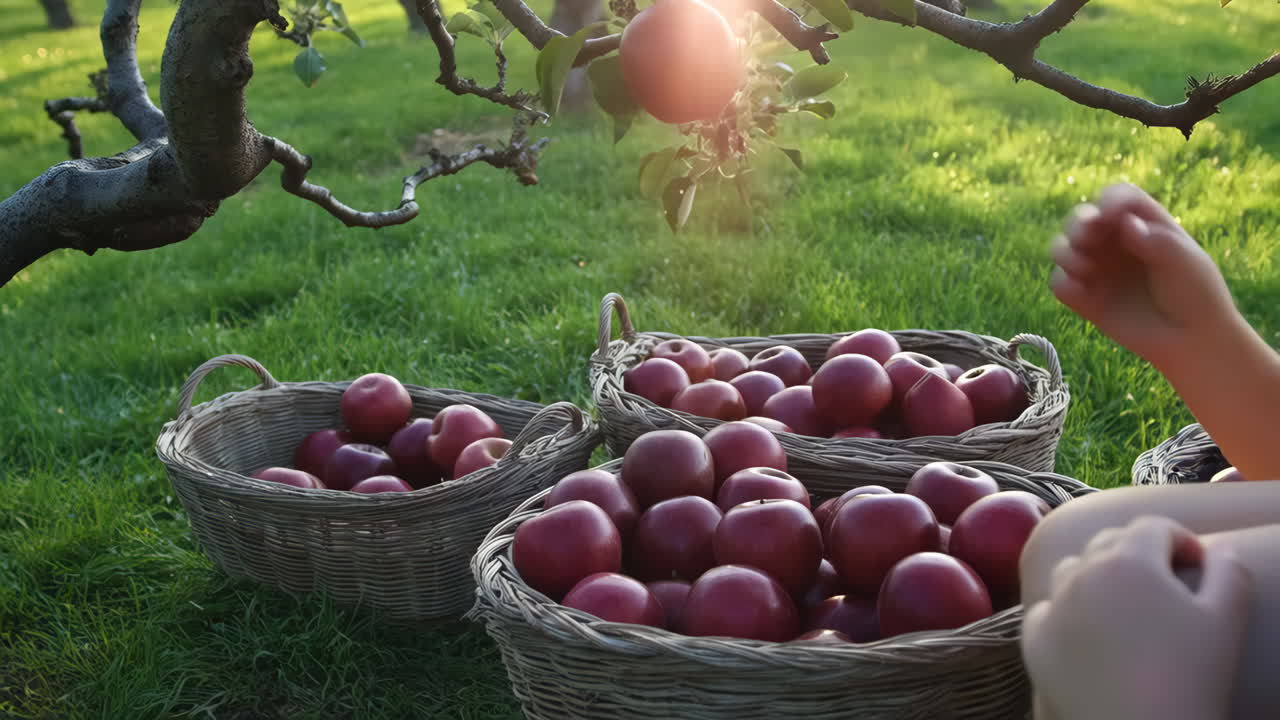 Child Picking Apples in an Orchard