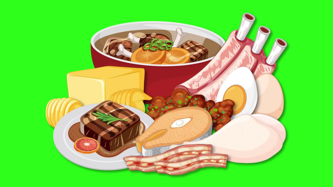 Various carnivore diet foods assemble gradually on a green screen, with smooth, layered transitions