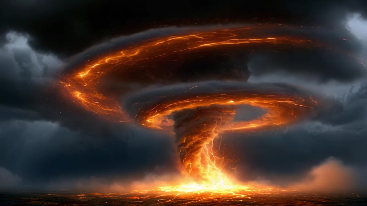 A Volcanic Eruption Creates a Vivid Fiery Tornado as Lava and Ash Spiral into the Atmosphere, Illuminating the Dark Skies with a Dazzling Display of Natural Power
