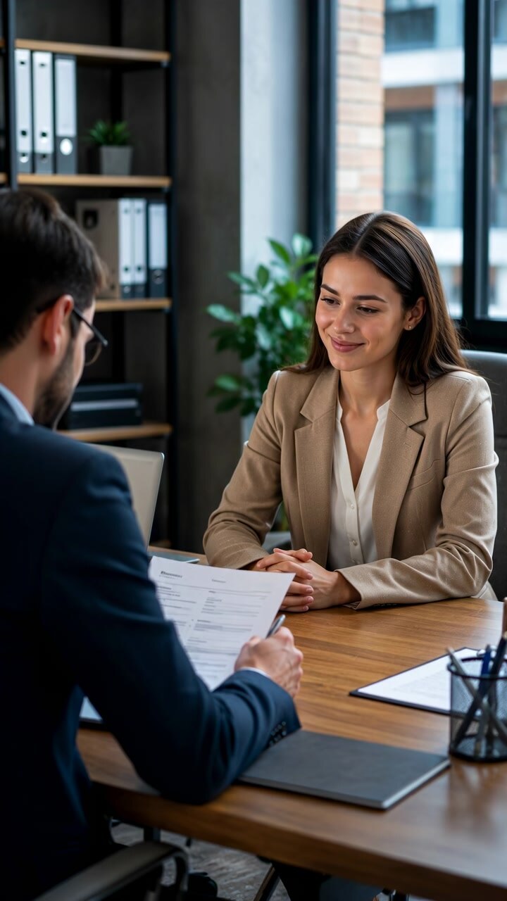 A smiling young woman sits on the right side of a contemporary office desk while a man in the foreground presents documents during a professional meeting