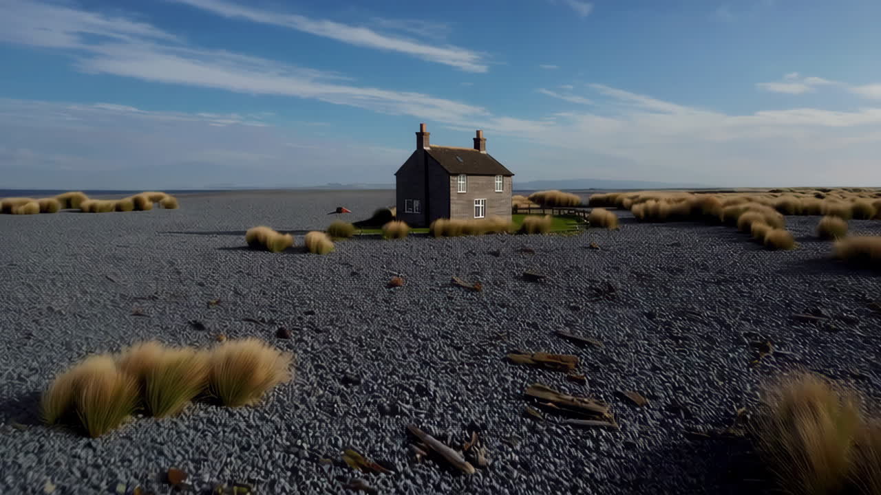 Isolated House on a Vast Stony Landscape with Dry Grass