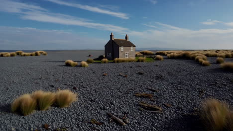 isolated house on a vast stony landscape with dry grass