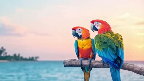 colorful macaws perched by the ocean at sunset