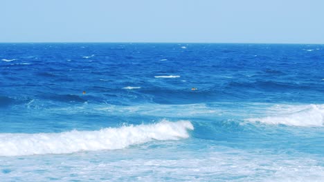 three surfers paddling out over small waves at a beautiful beach in the caribbean on a spectral sunny day