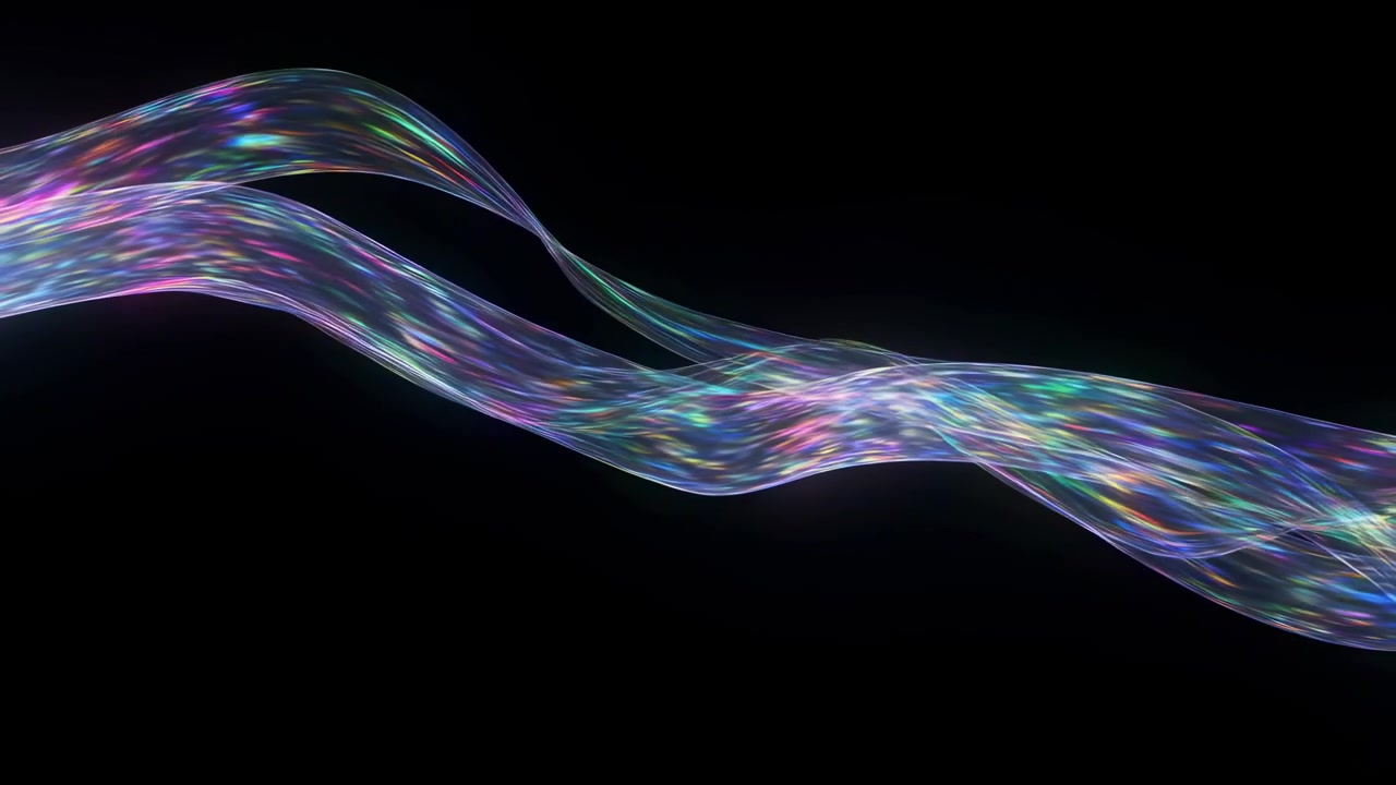 Nastri iridescenti che fluttuano su sfondo nero con pixel scintillanti color neon, atmosfera da flusso digitale.