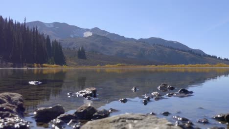 rocks on the shore of a shallow lake in forest park during autumn