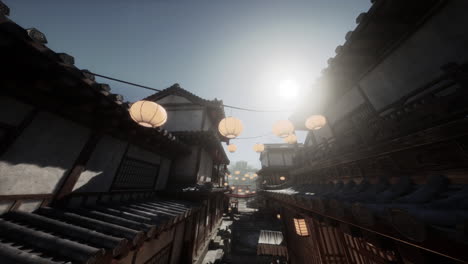 a scenic view of a japanese street lined with traditional buildings and decorated with lanterns.