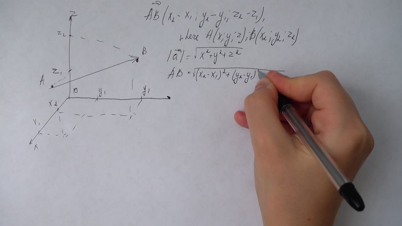 Primo piano di una mano che scrive formule matematiche e diagrammi