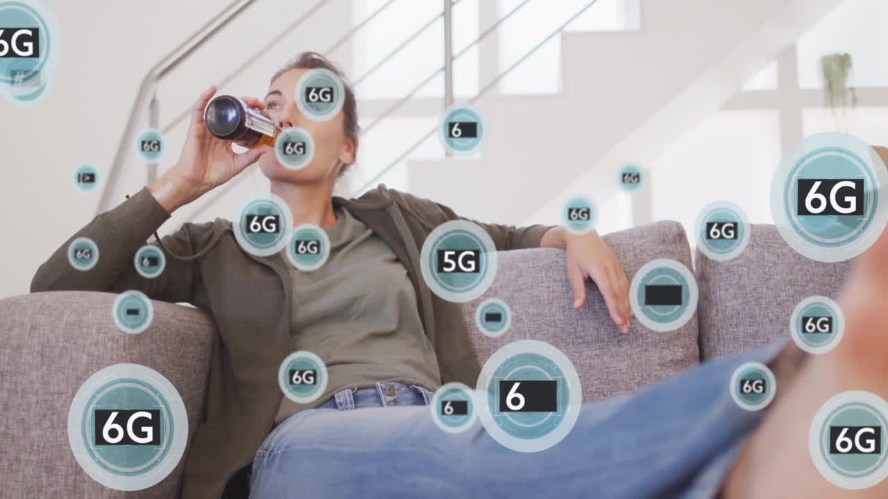 Woman reclining on sofa in tech living room, drinking insulated bottle with floating 6G icons
