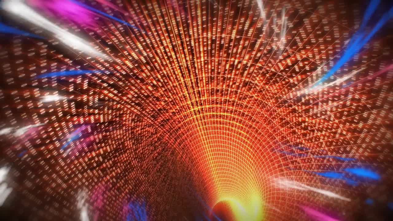 animazione digitale di onde digitali rosa e blu contro un tunnel digitale arancione su sfondo nero