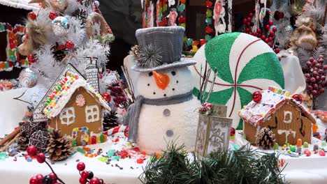 christmas decorations arrangement, christmas traditions with snowman, gingerbread houses, candy, toys.