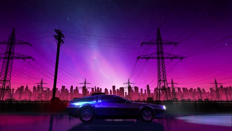 80s retro drive seamless loop. stylized rural landscape in outrun vj style