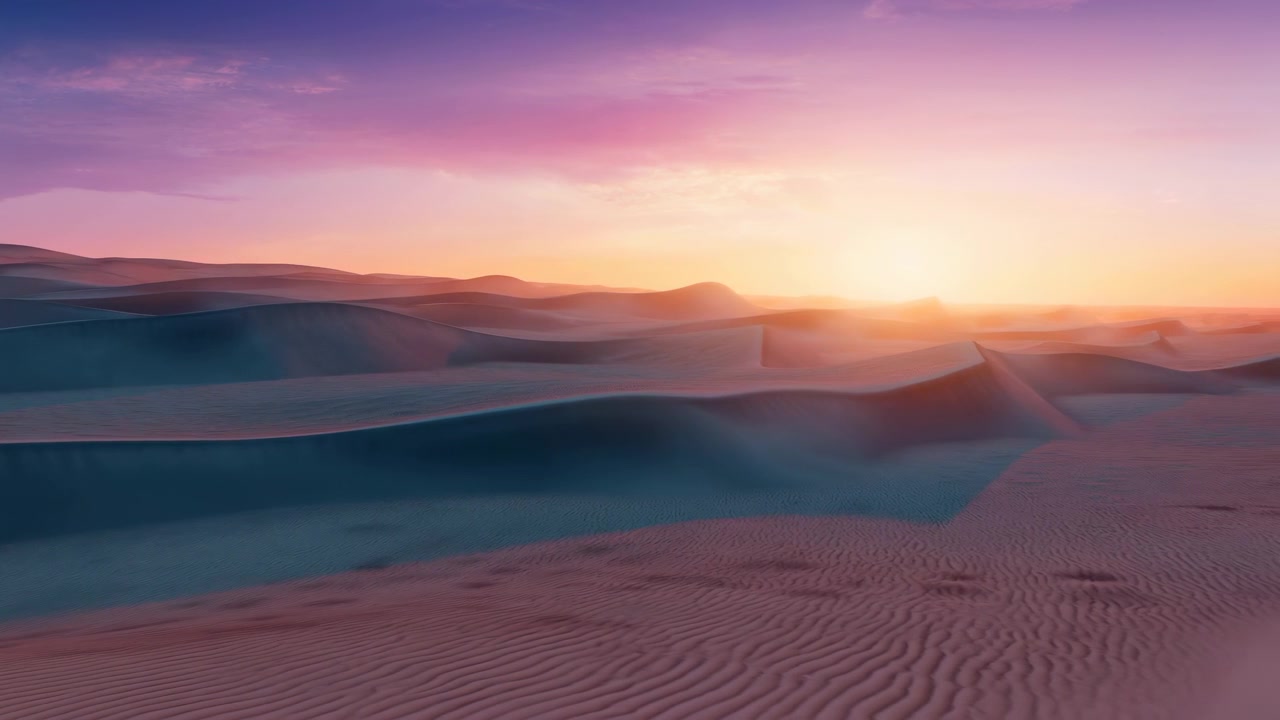 Tramonto su un paesaggio desertico, con dune di sabbia e cielo sereno, visto da una prospettiva aerea, arricchito da accenti blu e viola.
